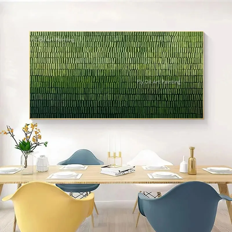Ombre Green Mark Rothko Style Art, Handcrafted Relief Oil on Canvas, Vertical‑Stripe Minimalist Large Horizontal Wall Piece