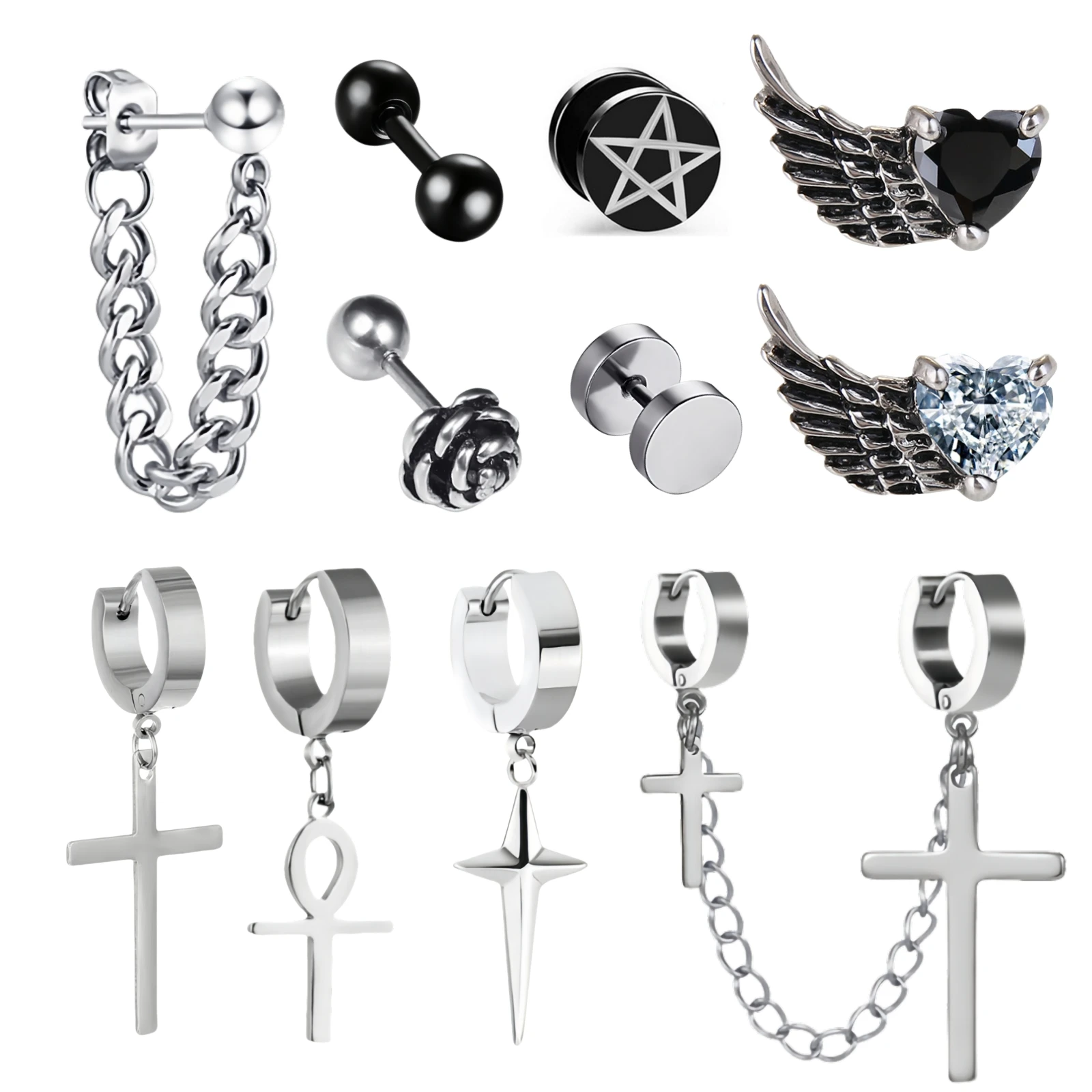 1 paar Lange Kette Kreuz Punk Hip-hop Flügel Edelstahl Stud Ohrring Piercing für Frauen Männlich Schmuck Y2k Dekorationen trend 2025