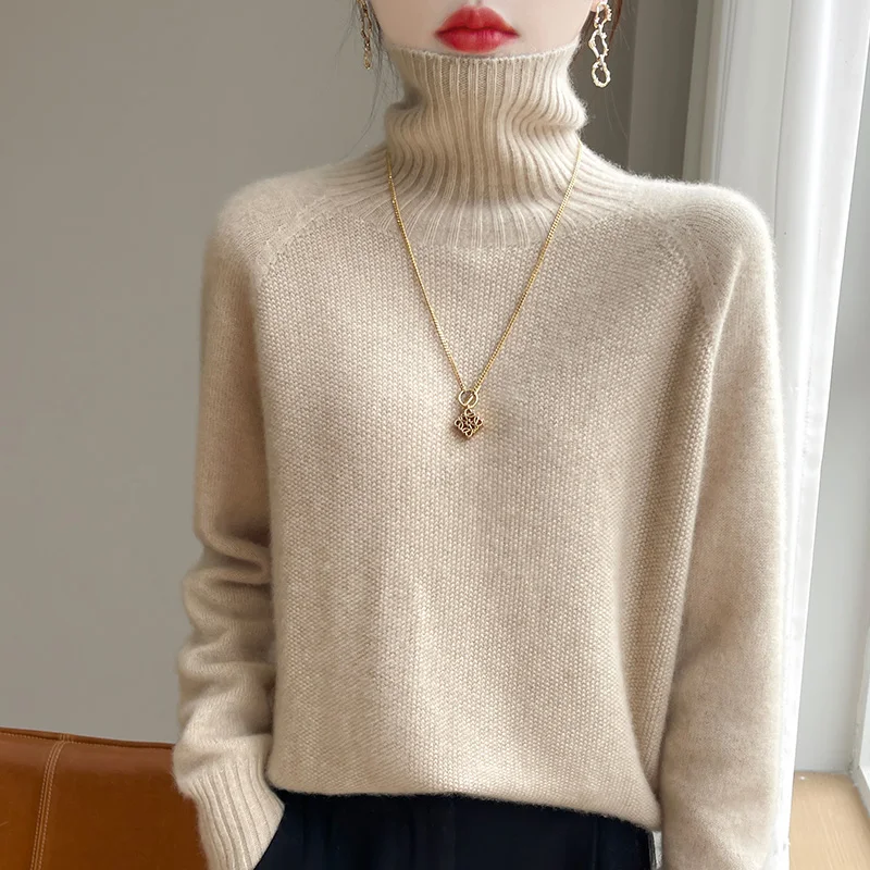 Autumn/Winter New 100% Pure Wool Sweater Casual Knitted Hoodie Thickened High Neck Ladies' Tops Loose Cashmere Blouse Basic HOT