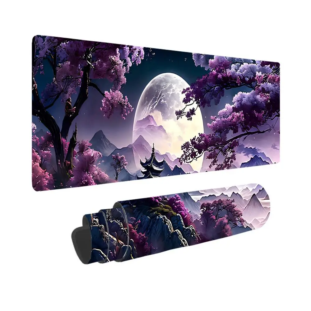 

XXL Gaming Mouse Pad, Large Purple Cherry Blossom Scenery Design, Stitched Edges, Suitable for Office and Home Use