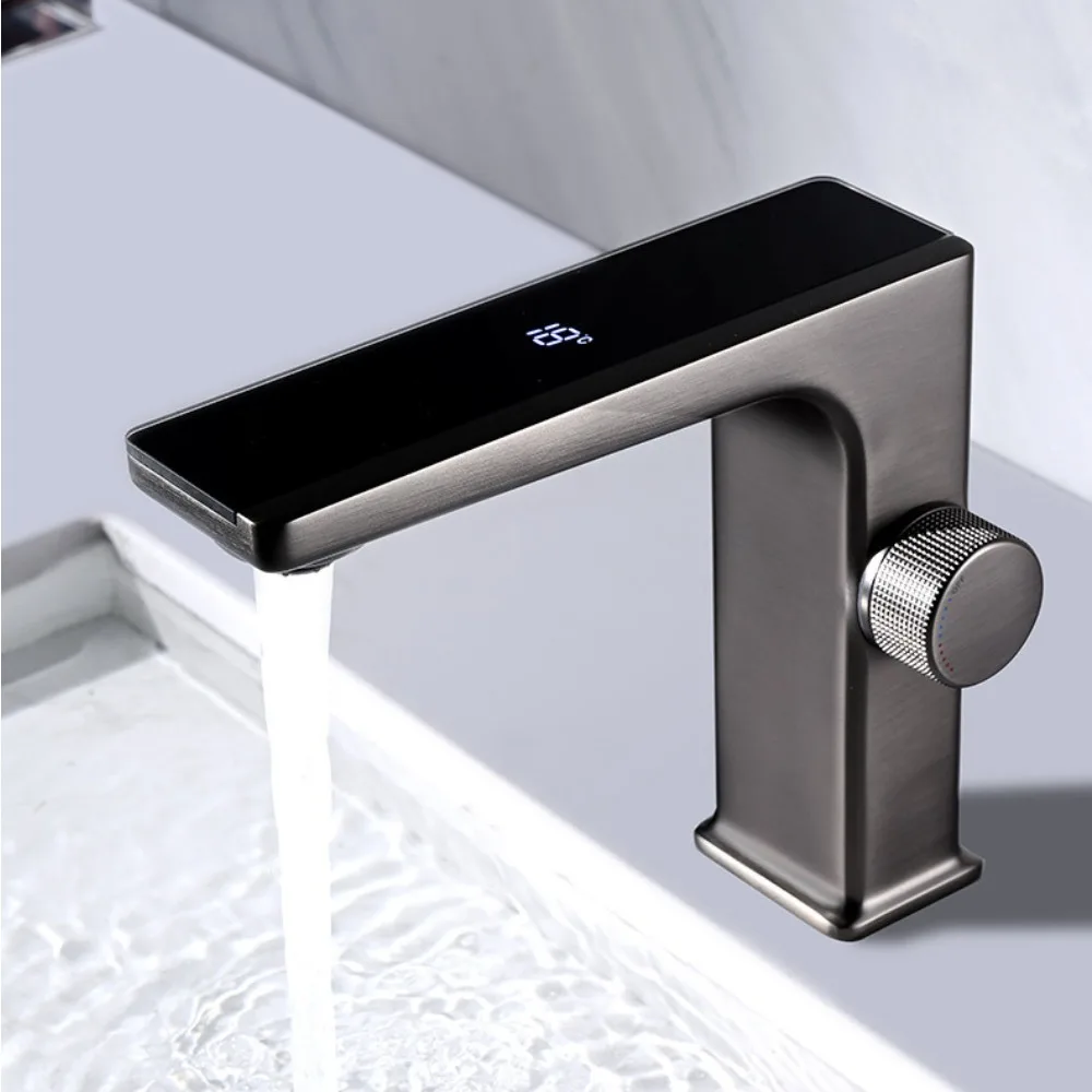 Pure copper household hot and cold temperature intelligent digital display bubble wash basin faucet