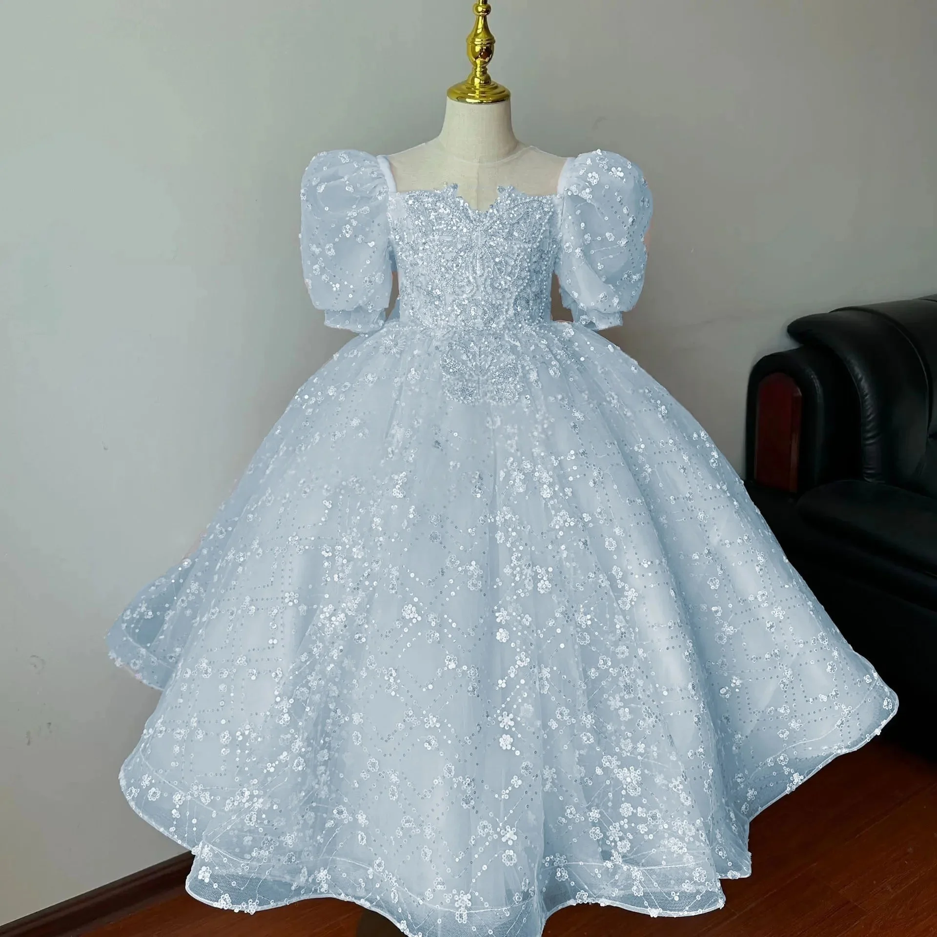 Abito da ragazza di fiori Abito da sposa Primo abito da festa di Natale Abito da cerimonia formale per bambini con paillettes e maniche a sbuffo Organza 
