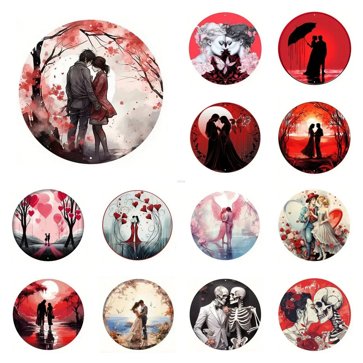 Retro Round Metal Tin Signs 2D Flat Kiss Lovers Decor Pattern Nostalgic Iron Painting Novelty For Cafe Bar Man Cave Wall Decor