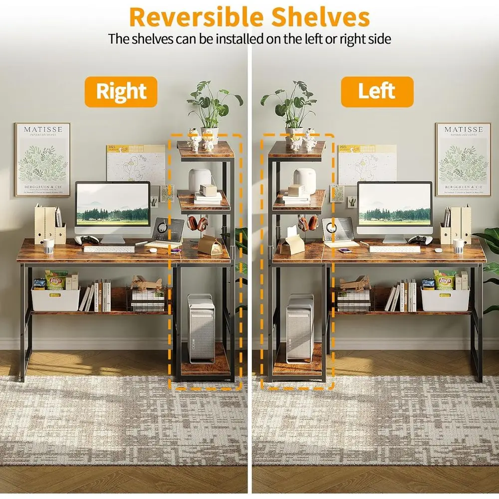 مكتب منزلي كبير حديث 43.3 مع مساحة تخزين من 4 طبقات، وطاولة كمبيوتر للدراسة والكتابة مع رف الكتب ورف البرج #5