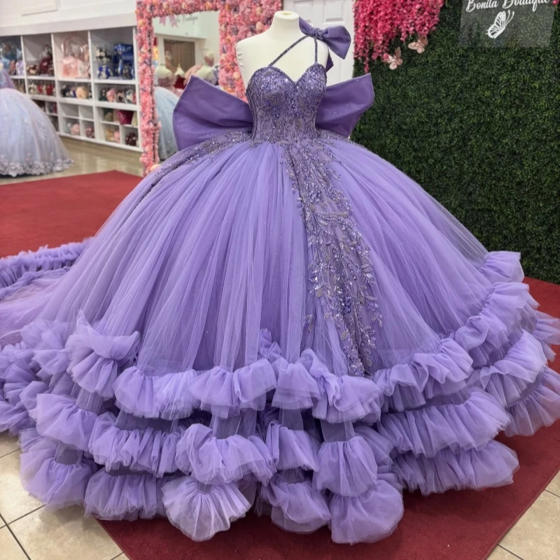 

Lavender Shiny Quinceanera Dresses Off The Shoulder Applique Beadng Crystal Tiered Bow Tull Party Birthday Sweet 16 Dress Vestid