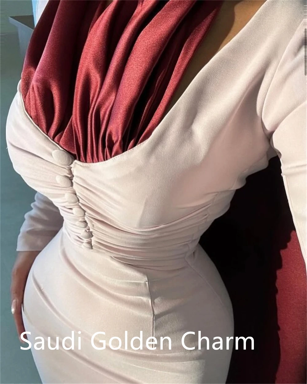 Aangepaste temperament roze jersey avondjurk prachtige halter lange mouwen zeemeermin contrastkleur op maat gemaakte gelegenheid