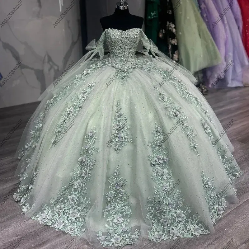 Sage Green Quinceanera Dresses Floral Lace Applique Off the Shoulder Straps Corset Back Bow Customized Vestidos De 15 Anos