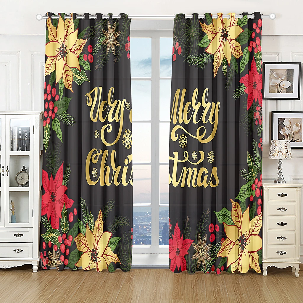 Cartoon Christmas Happy New Year Star Red Ball Kids Window Curtains Blinds for Living Room Bedroom Kitchen Door Home Decor 2Pcs