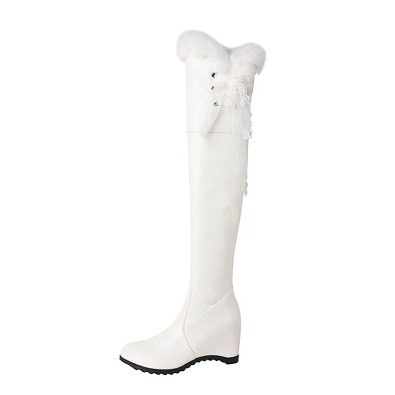 REAVE Over-Knee High Boots Round Toe Wedges Ribbons Size 34-43 Sweet Pink White Black S2721