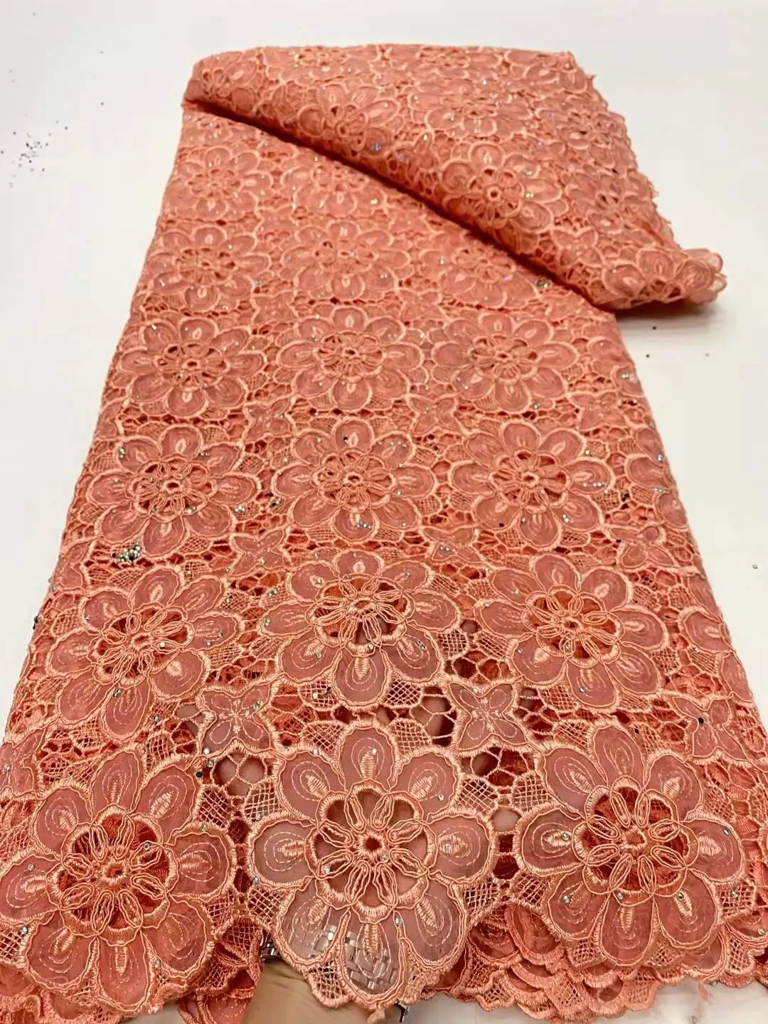 

Highest Quality Original Korea Guipure Lace African Guipure Cord Suede Fabric Modern Traditional Events Celebrants Flannel Dress