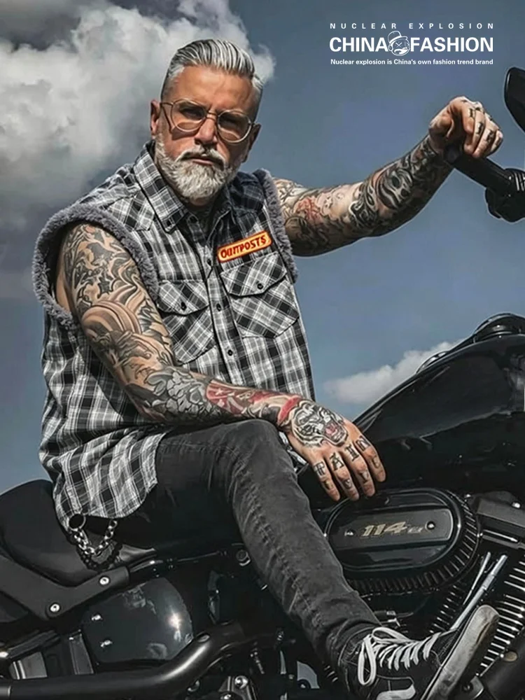 Nuclear Explosion Summer Thin Motorcycle Loose Large Size Workwear Shirt No Sleeve Classic Black White Plaid Men's Clothing
