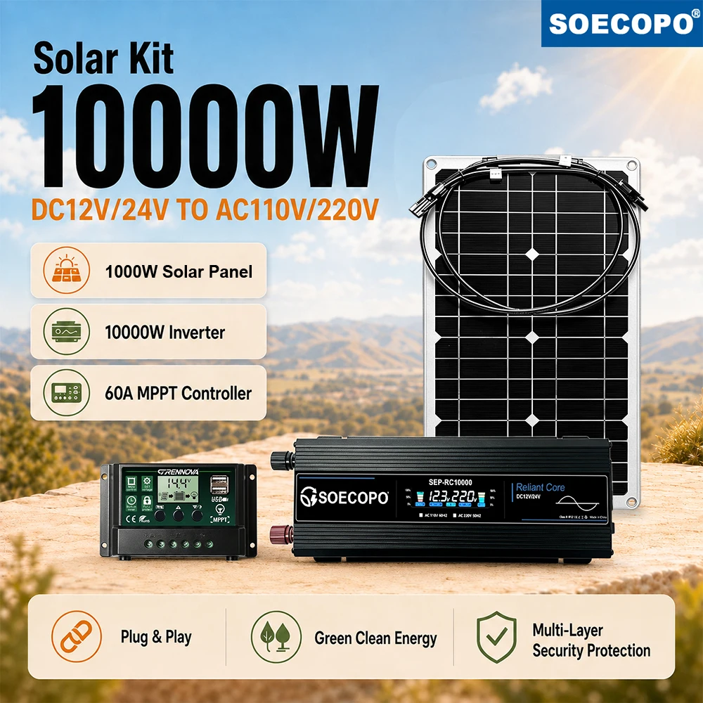 High Conversion Solar Kit ( 10000W Inverter DC12V/24V AC110V/220V 1000W Solar Panel 60A MPPT Controller ) Camping Outdoor Backup