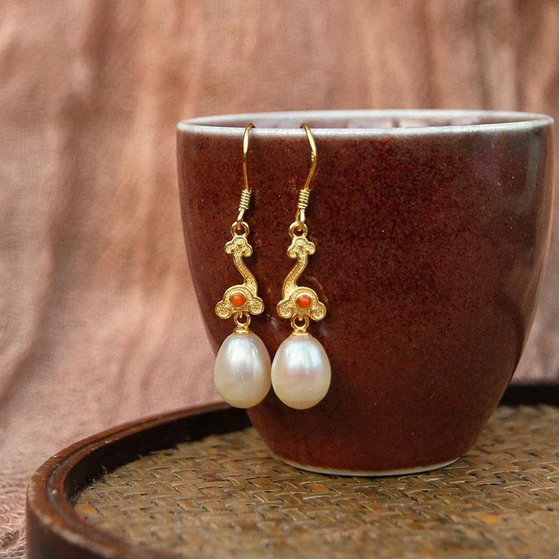 أقراط لؤلؤ نسائية على طراز البلاط بسحاب ميمون ، حرفة ذهبية قديمة رائعة وأنيقة ، مجوهرات خطوبة #2