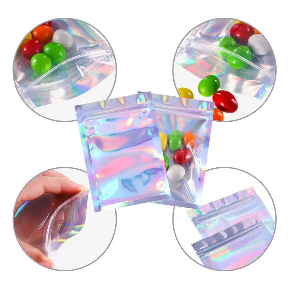 100 Piece Holographic Bag Laser Rainbow Pattern Self Sealing Bag Candy Bag and Front Window Sample Bag