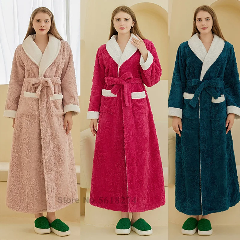 Couple Fleece Coral Bathrobe Sleepwear Loose Kimono with Pocket Winter Warm Nightwear Peignoirs Thicken Flannel Bath Gown