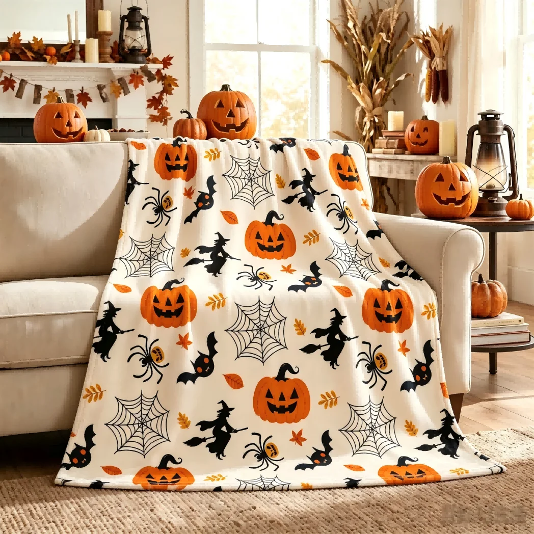 1pc Pumpkin Skull Witch Cobweb Bats Blanket Gifts Halloween X-mas Flannel Blankets Women Men Festival Decoration Four Season Use