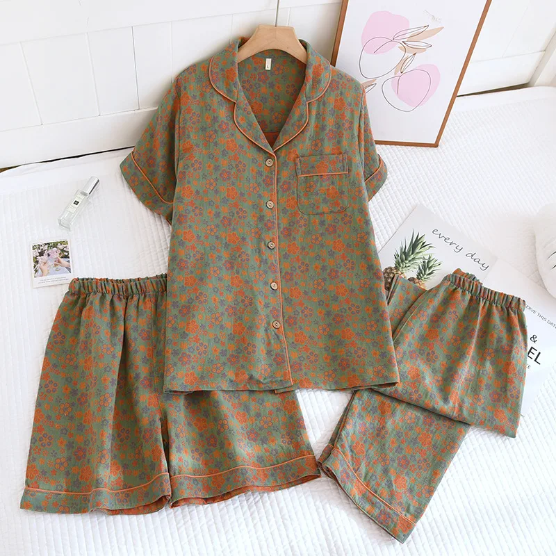 Short Sleeve Sleepwear Women's Pajamas Set Gauze Cotton Pyjamas Summer New 3 Pieces Floral Home Wear Nightwear For Woman - view 3