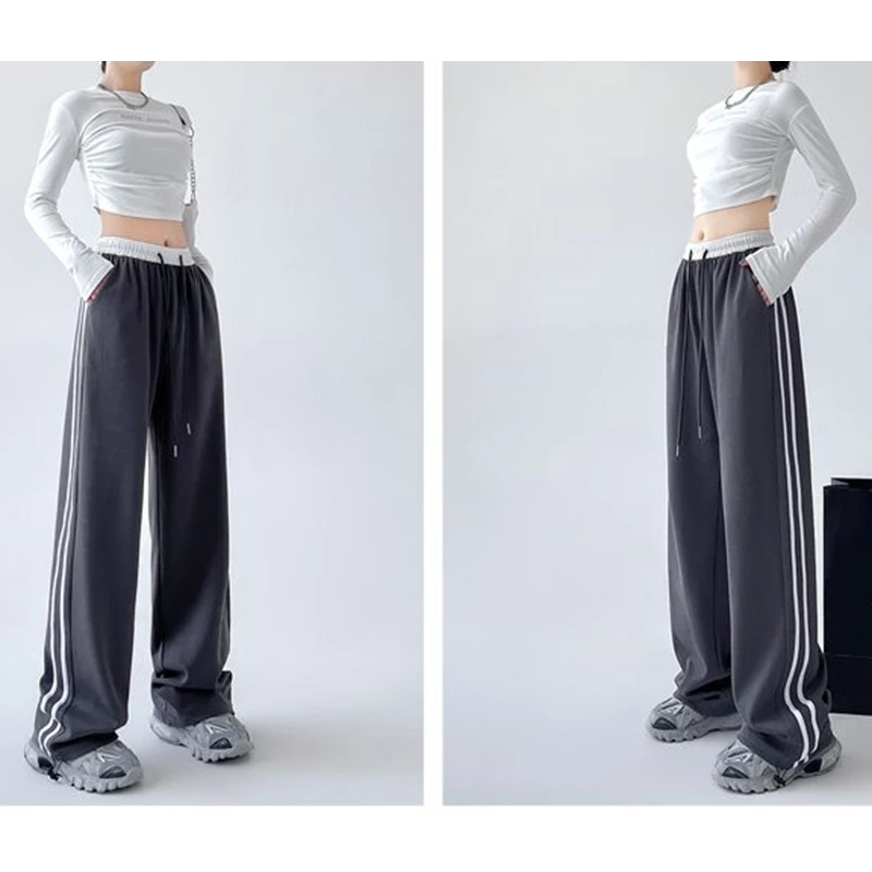 Meisjes chique patchwork dunne joggingbroek vrouwelijke streetwear hoge taille losse broek damesmode comfortabele wijde pijpen broek