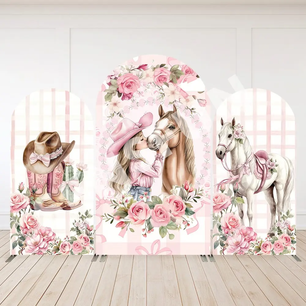 

Horse Cowgirl theme Birthday Arch Wall Panel Backdrop Pink Floral Boots Baby Shower Photo booth Background Cake Table Decoration