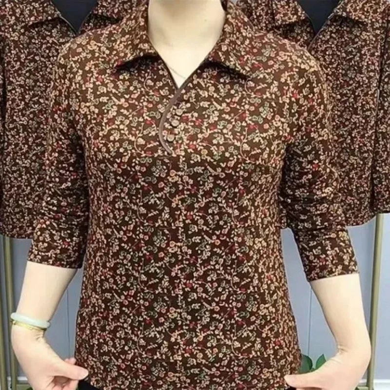 Middle Age Women Fashion Pullover Floral Shirts Spring Autumn Loose Versatile Vintage Casual Female Clothing Long Sleeve Blouses