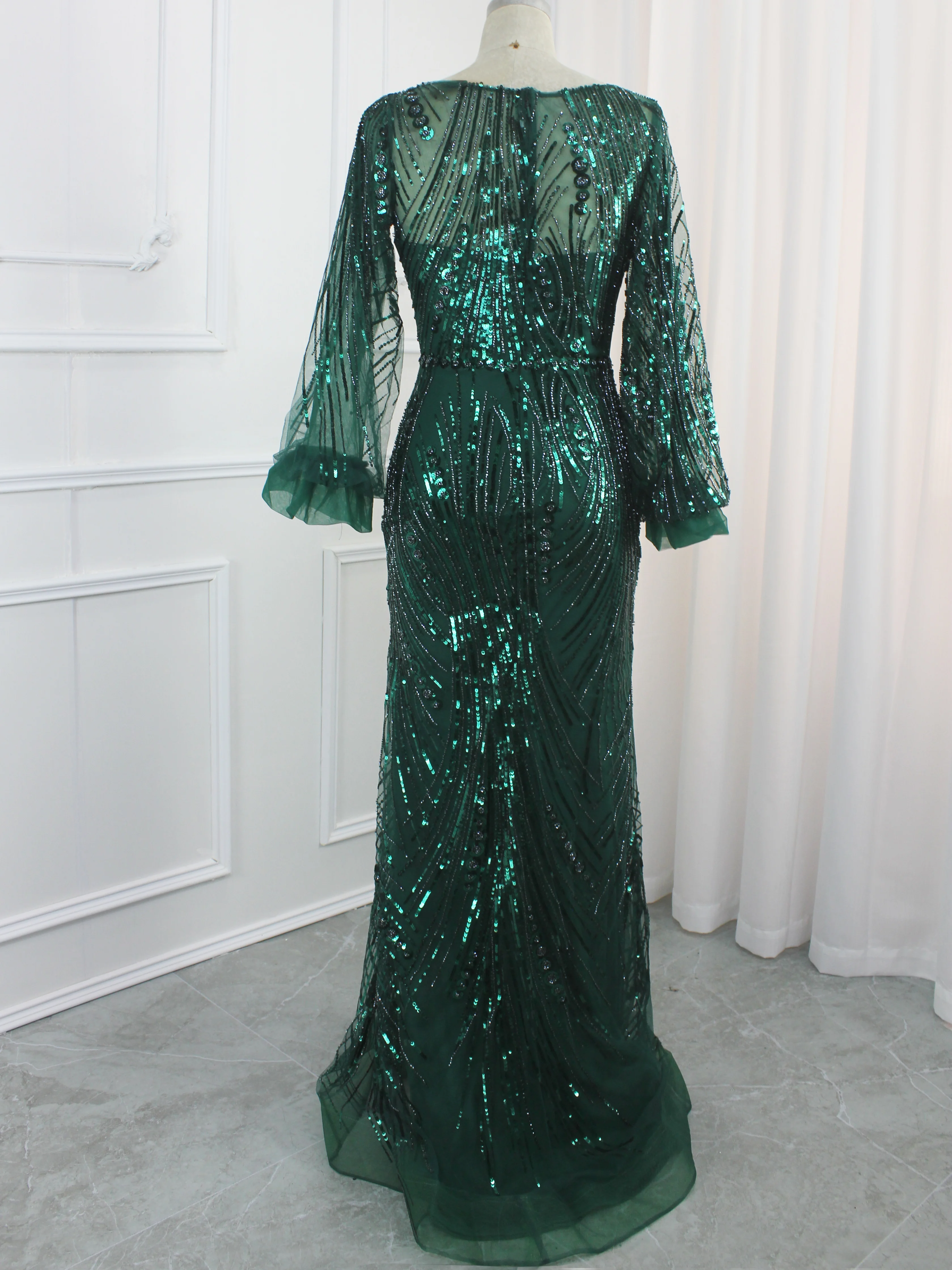 Hot Sale Dubai Green O-Neck Evening Dresses Luxury Beaded Formal Mermaid Gowns 2024 For Women Party With Beautiful Sleeves