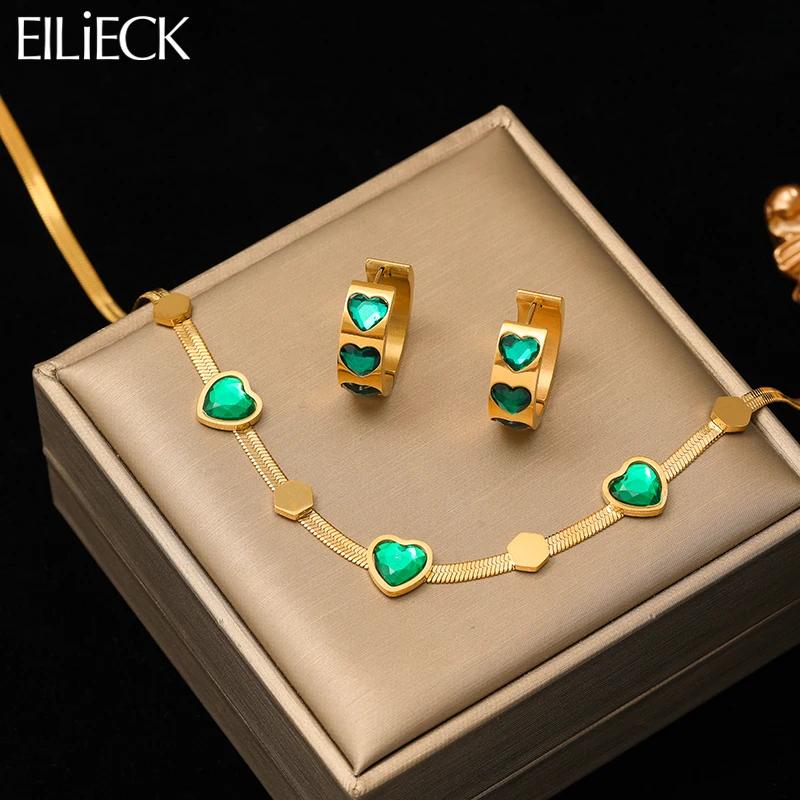 

EILIECK 316L Stainless Steel 1 Set Heart Shaped Green Crystal Necklace Earrings For Women Girl Fashion Jewelry Set Gift Party