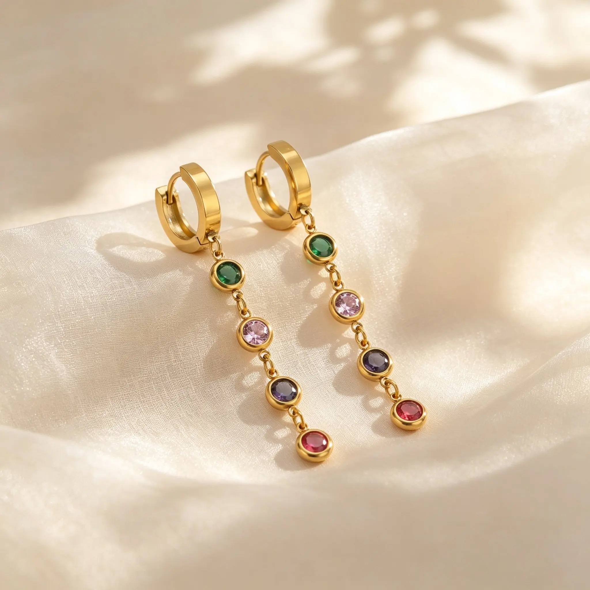 Colorful Round Zircon Tassel Earrings for Women Stainless Steel Waterproof Long Dangle Earring 18K Gold Plated Boho Jewelry