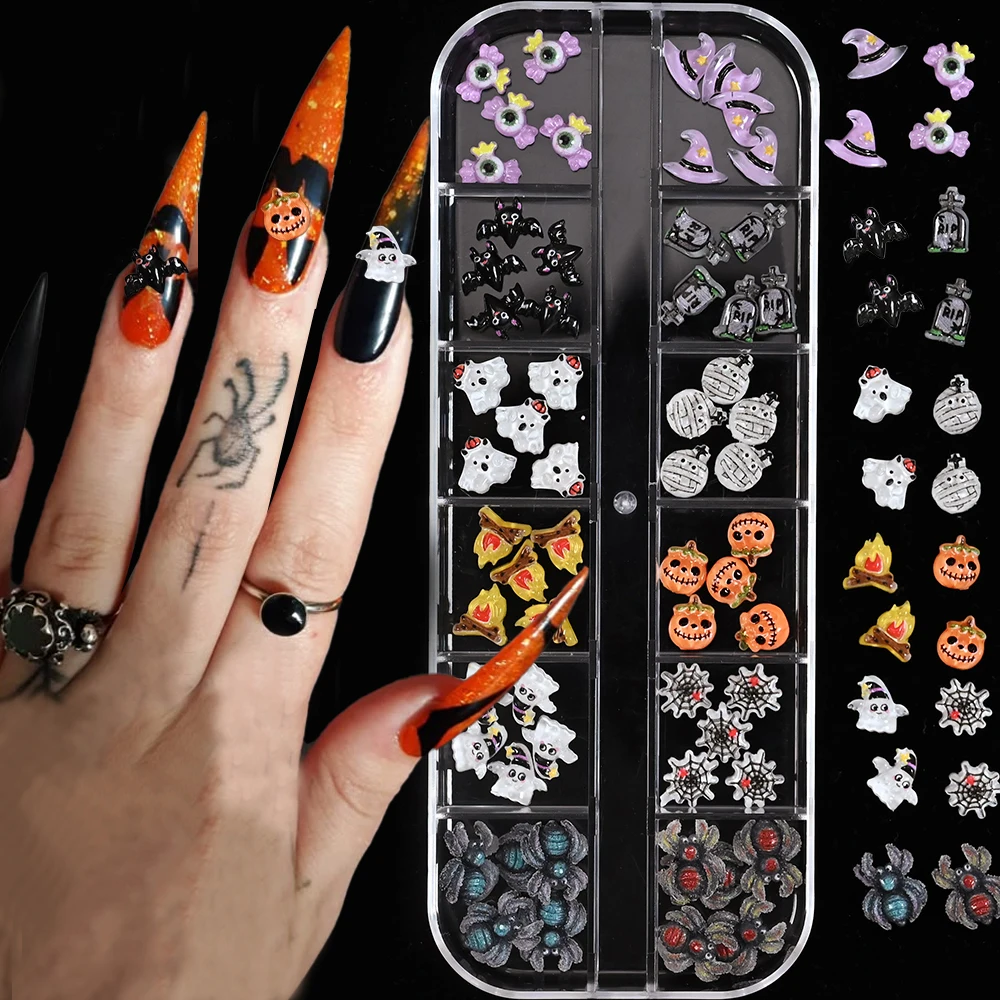 

12Grids 3D Cute Pumkin Bat Resin Nail Charms Halloween Horror Cartoon Ghost Mummy Spider Web Nail Art Jewelry Festival Nail Deco