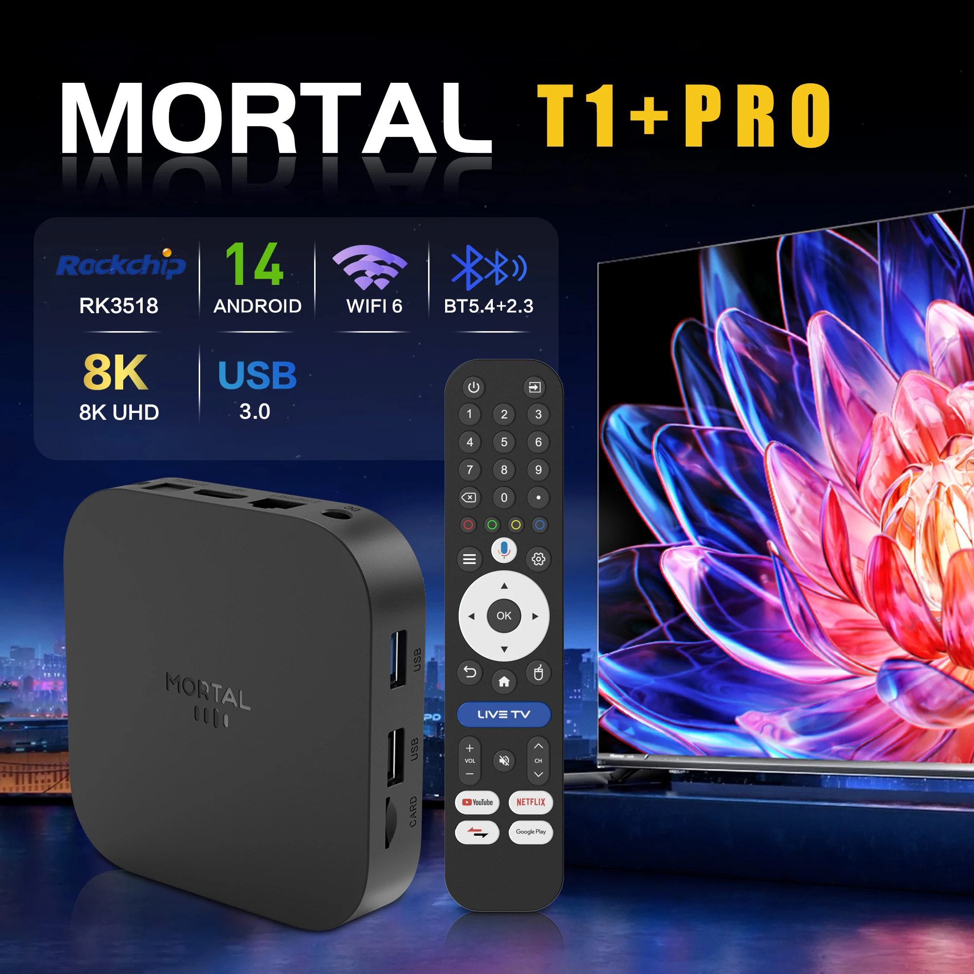 MORTAL TV Box T1+PRO Android 14 Assistant Voice Control RK3518 HD 8K 4K Wifi6 BT5.4 Video Media Player TV With LED Set Top Box