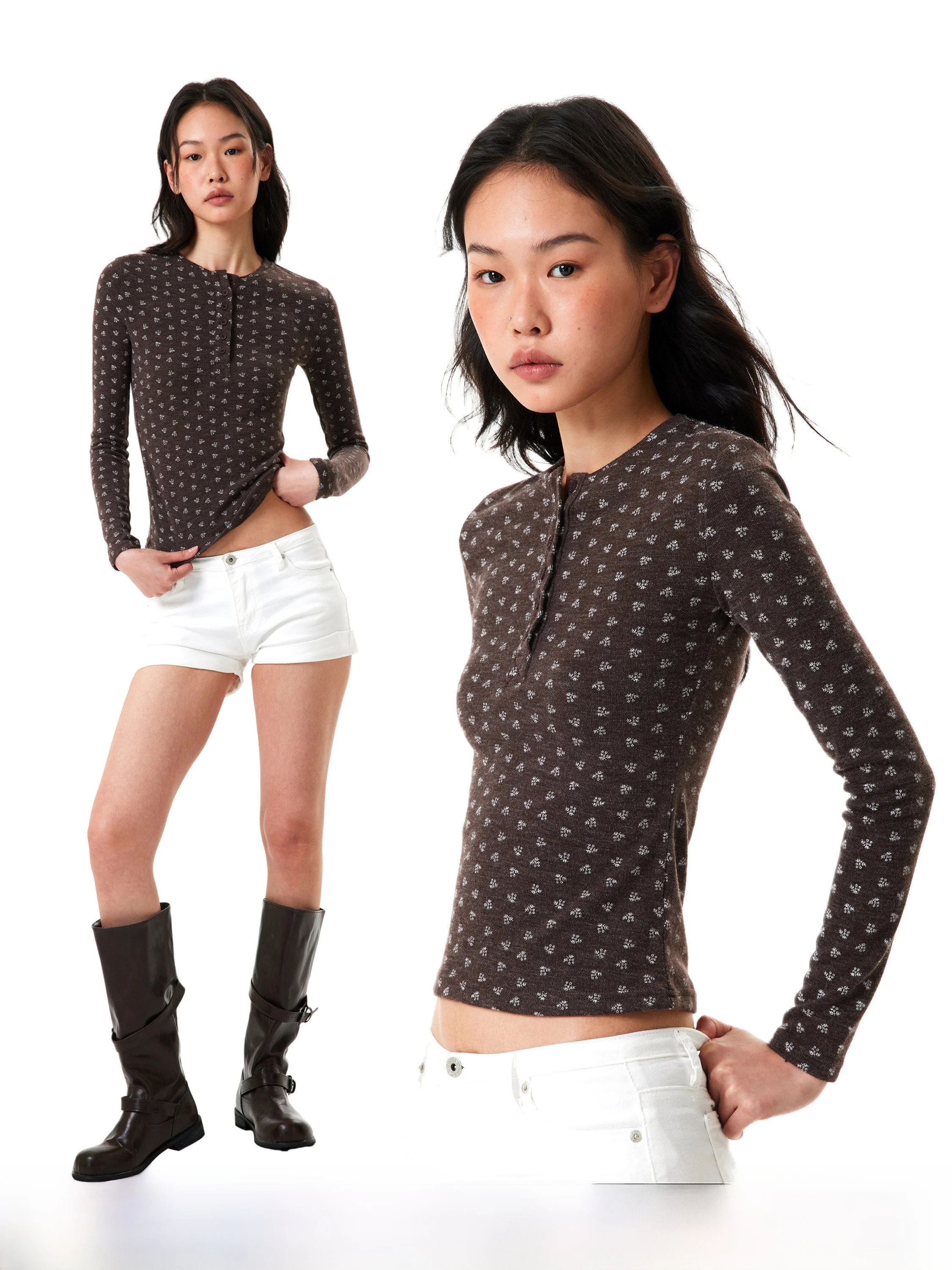 GoGo Burn American Style Long Sleeve Knitted T-Shirt Women's Base Layer Top with Floral Design Henry Collar Casual Fit
