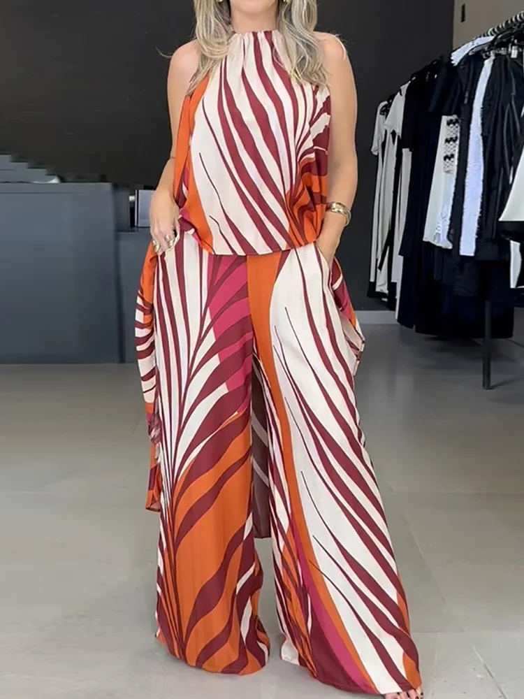 Wide Leg Pants Print Fashion Outfit, Women Summer Maxi Top Sleeveless Matching Sets, 2025 Simple Patchwork Elegant Ladies Suits