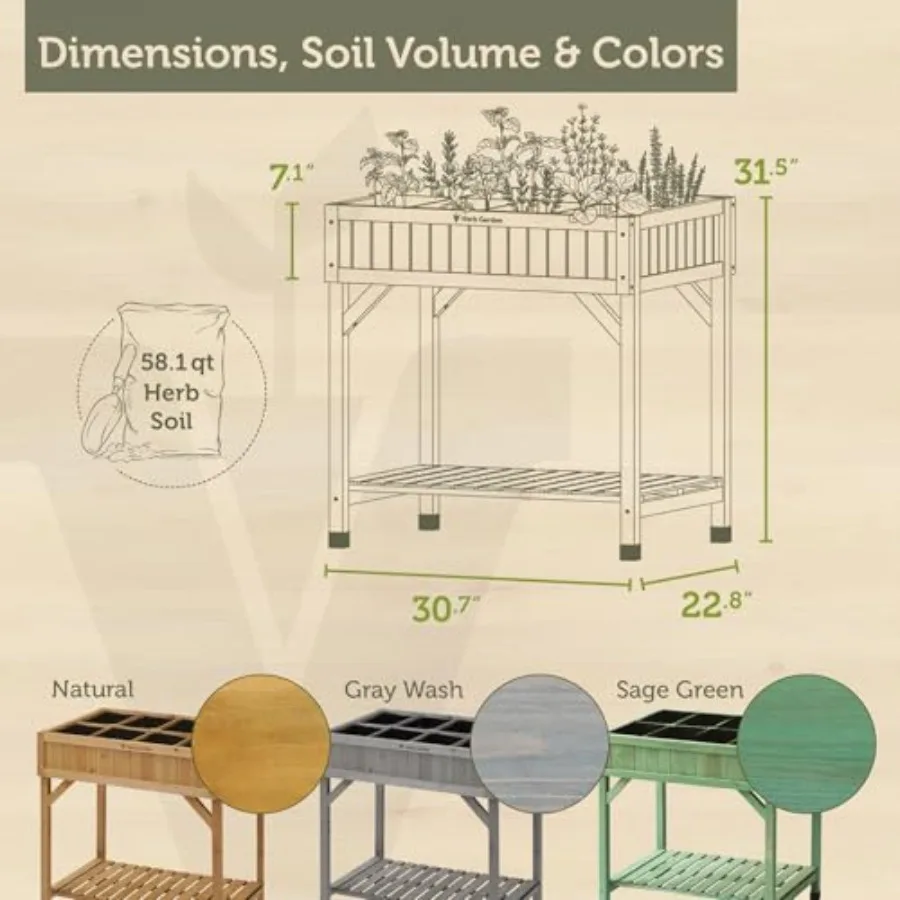 Custom Herb Garden Planter Box, Cedar Wood - Versatile Multi-Liner Raised Garden Bed with Storage Shelf for Patio, Balcony and