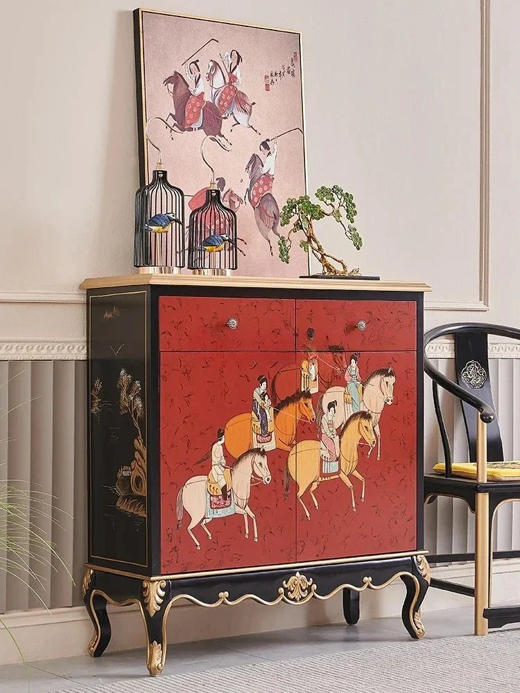 Retro Guochao New Chinese Painted Characters Gold Painted French Entrance Partition Decorative Cabinet