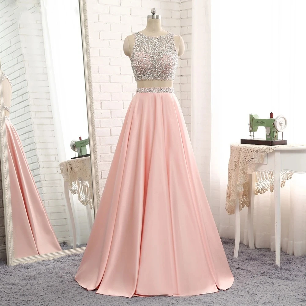 

Fashion 2 Pieces Long Evening Dresses 2021 Vestidos De Festa Beads Floor-Length Satin Abendkleider Formal Prom Party Gowns HOT