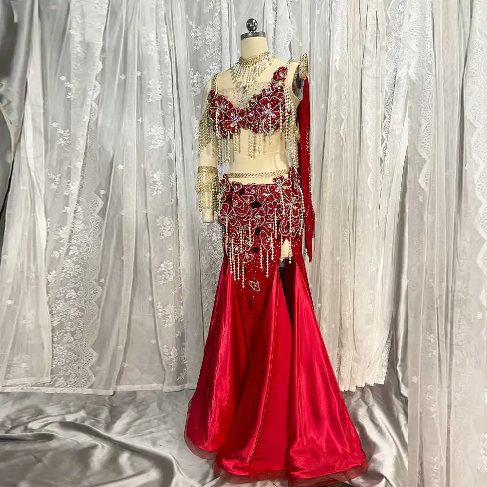 Customized Eastern Belly Dancewear Women Clothes Tassel Belly Dancing Bra Skirt Belt Oriental Dance Costume Group Stage Suit Set