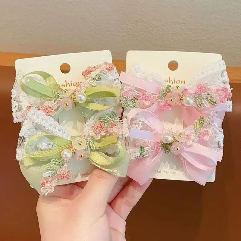 Lazos para el pelo de 2 piezas para niños, pinzas para el pelo con bordado Floral de flores, perlas, accesorios para el cabello