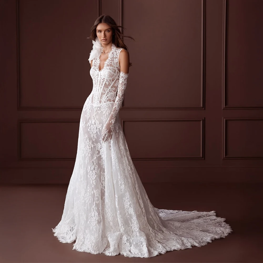 

Прозрачное кружевное свадебное платье русалки без рукавов по индивидуальному заказу, свадебное платье с глубоким V-образным вырезом и лифом, гламурное вечернее свадебное платье для свадебной вечеринки