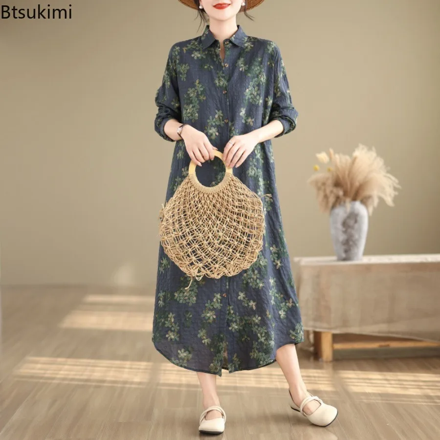 

Spring New Floral Printed Dress Cardigan Women's Loose Pleated Fashion Casual Long Dresses Vintage Long Sleeve Lapel Shirt Dress