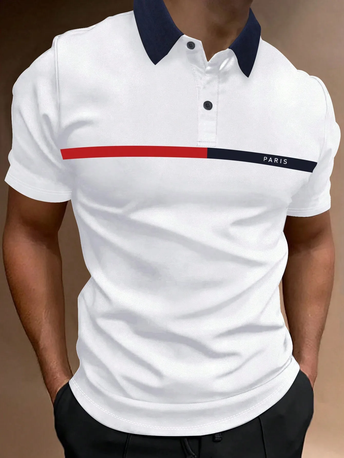 

Men's White Contrast Collar Half-Button Color Block Polo Shirt