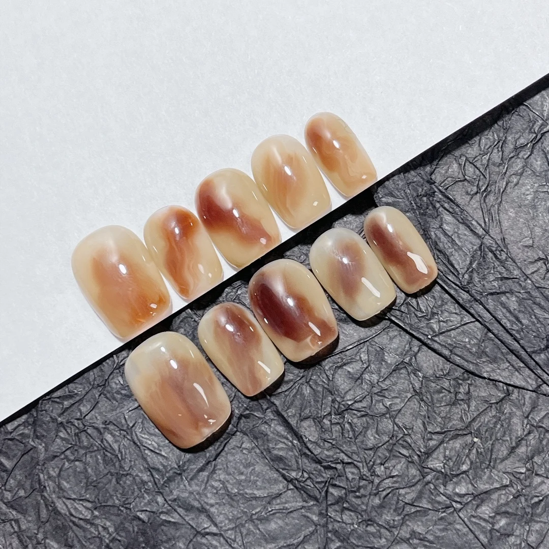 Emmabeauty Caramel Coconut Hand Painted Removable Reusable High Quality Handmade Press On Nails.No.C688