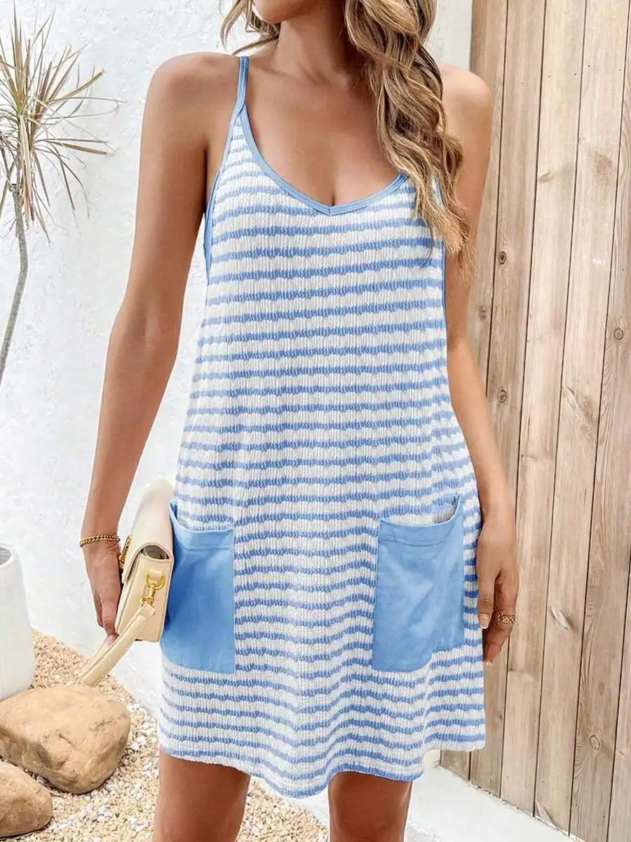 

Womens Striped Sleeveless Mini Dress With Pockets Summer Casual Outfit