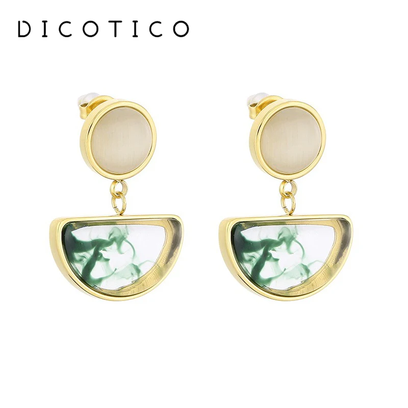 New Opal Resin Glaze Drop Earrings For Women Gold Silver Color Stainless Steel Chinese Style Semicircle Dangle Earrings Jewelry