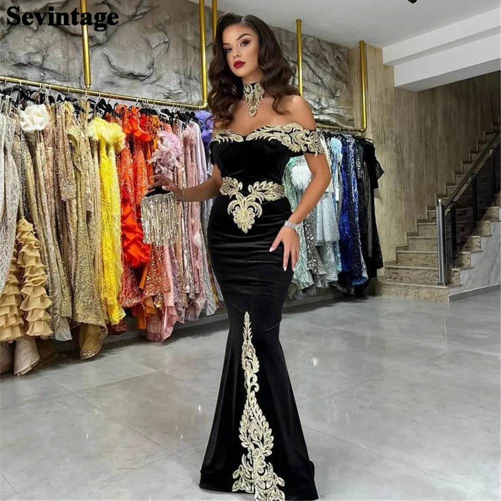 Personalizado elegante preto sereia kaftan vestido de noite fora do ombro rendas apliques vestido de baile até o chão roupa argelina