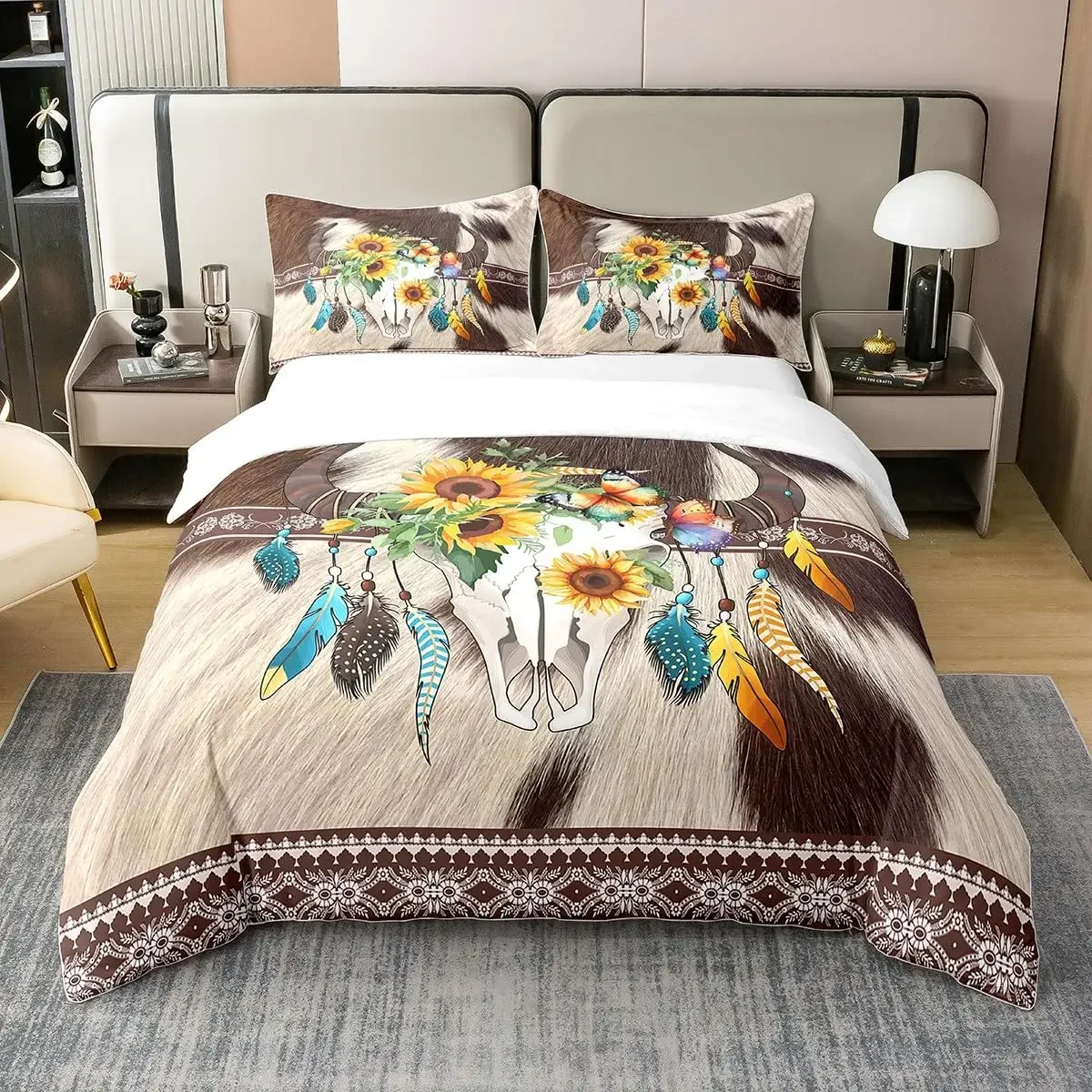 Western Duvet Cover, Comforter Cover Boho Tribal Geometry Aztec Bedding Set Queen King, Bull Print Bed Sets with 2 Pillow Shams