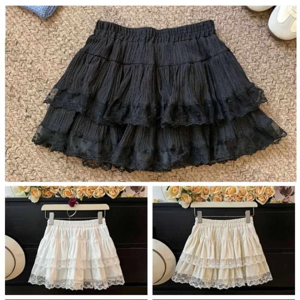 Bonito pontos inchado bolo saia feminina cintura alta texturizado renda bowknot saia curta plissado doce a linha saia curta diariamente