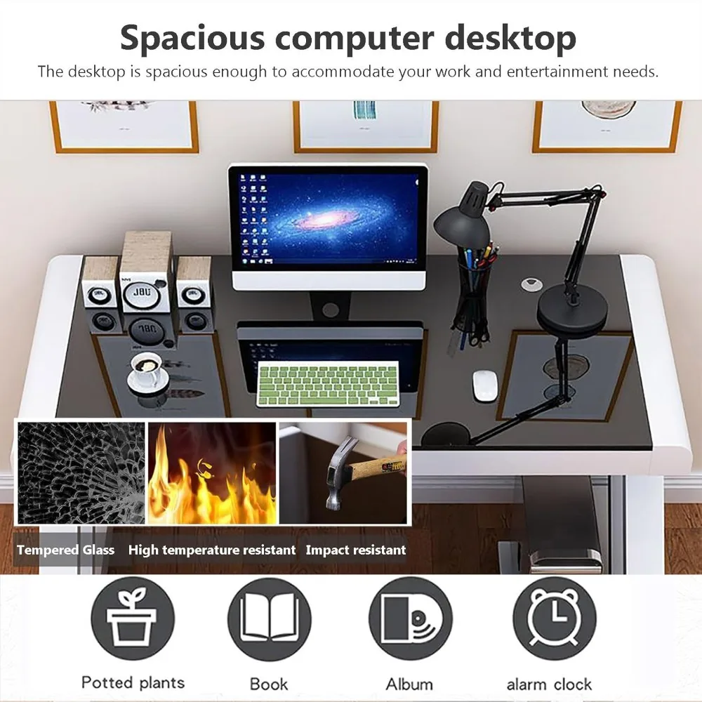 مكتب كمبيوتر من الزجاج المقسى، مكتب مكتب حديث مع سطح زجاجي وإطار معدني على شكل Z، مكتب كتابة قوي، مكتب دراسة، ألعاب #4