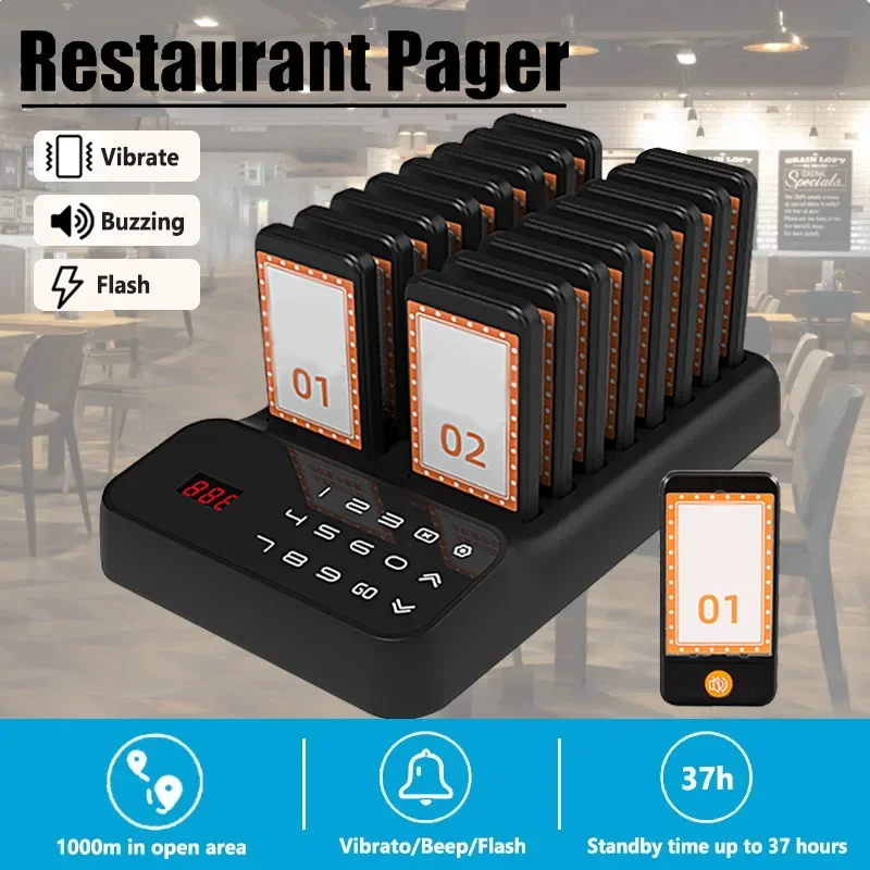 Restaurant Pagers Wireless Calling Paging System 16 Coaster Receiver Restaurants Food Truck Coffee Church Clinic Queue System