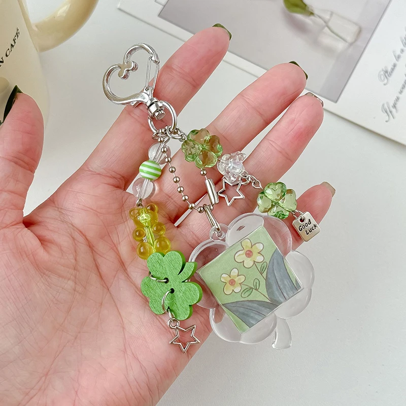 الإبداعية ورقة البرسيم مع إطار الصورة المفاتيح حقيبة سحر Y2K الأزياء الهاتف الخليوي قلادة هدية ظهره الديكور