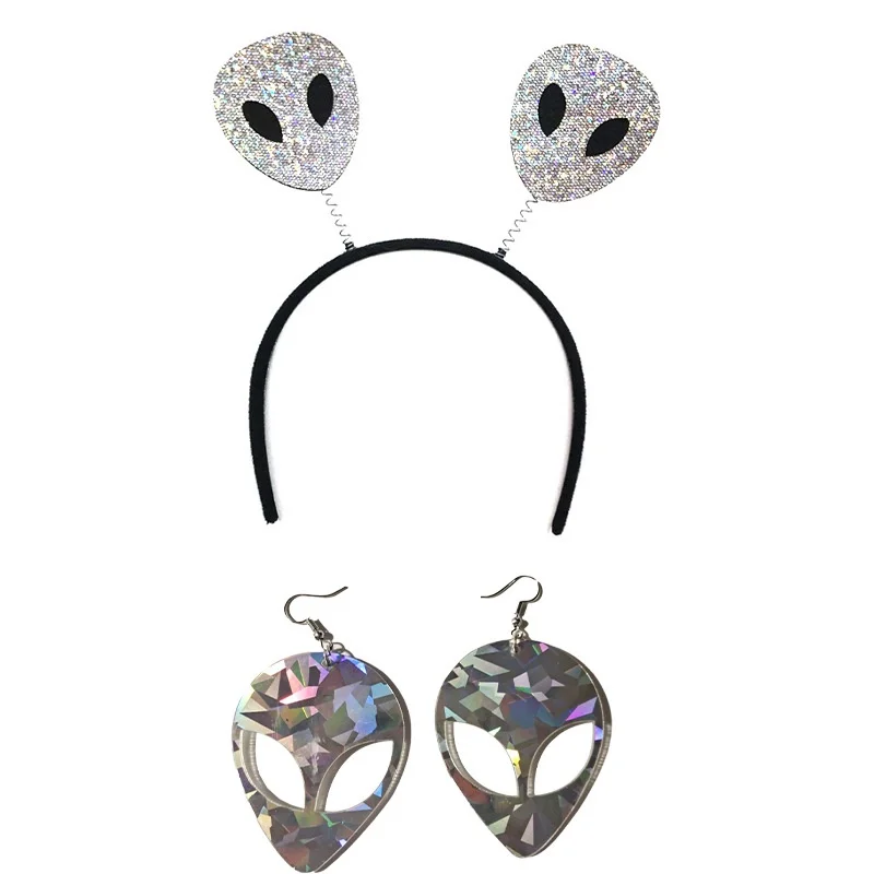 Engraçado Alien Traje para Crianças Adultos Alien Headband Luvas Sparkly Colar Alien Brincos Cosplay Acessórios