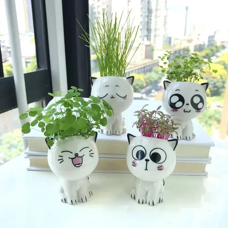 4pc Ceramic Flowerpot Mini Cat Cartoon Cute Plant Desktop Potted Plant Pot DIY Decorate Toys Science Education School Gifts
